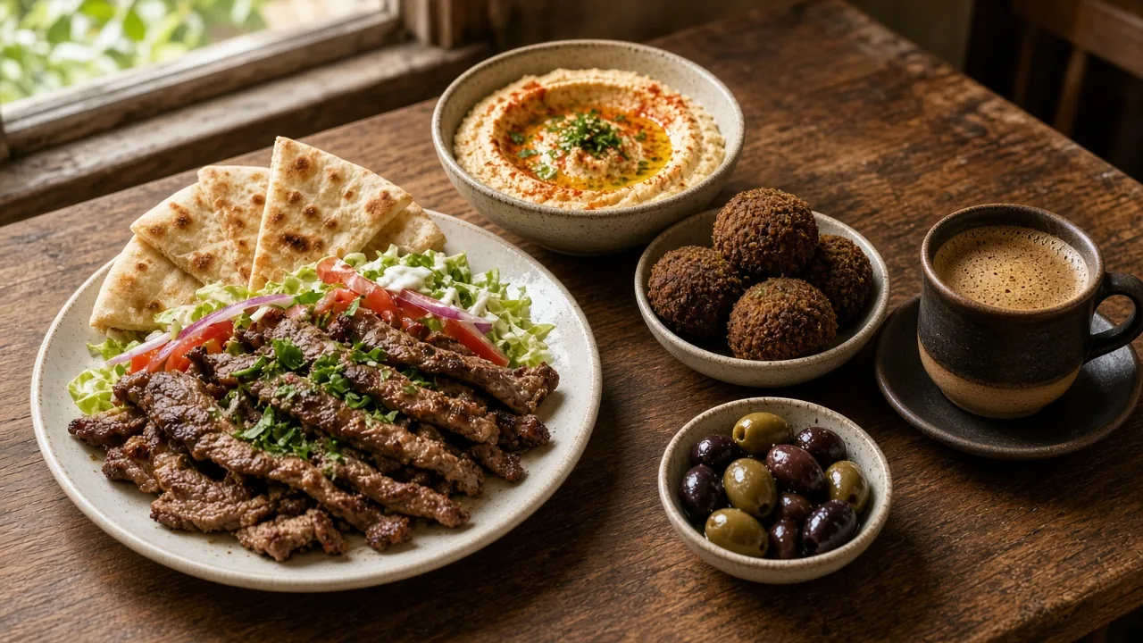 A beef gyro plate with pita, a bowl of hummus, falafel, olives and a cup of Turkish coffee on a rustic wooden table by a window